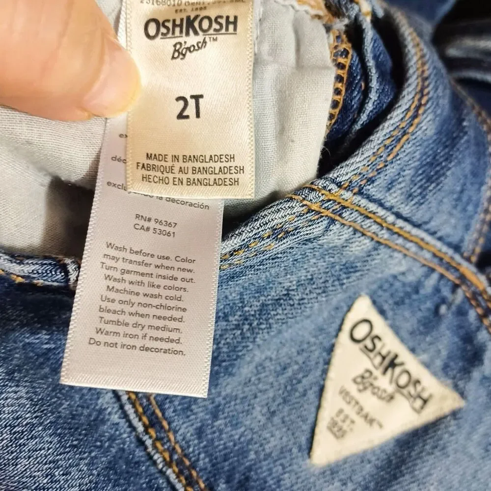 OshKosh B’gosh 2T Girls Denim Jean Bibs Overalls  Heart Pocket Button Cotton
